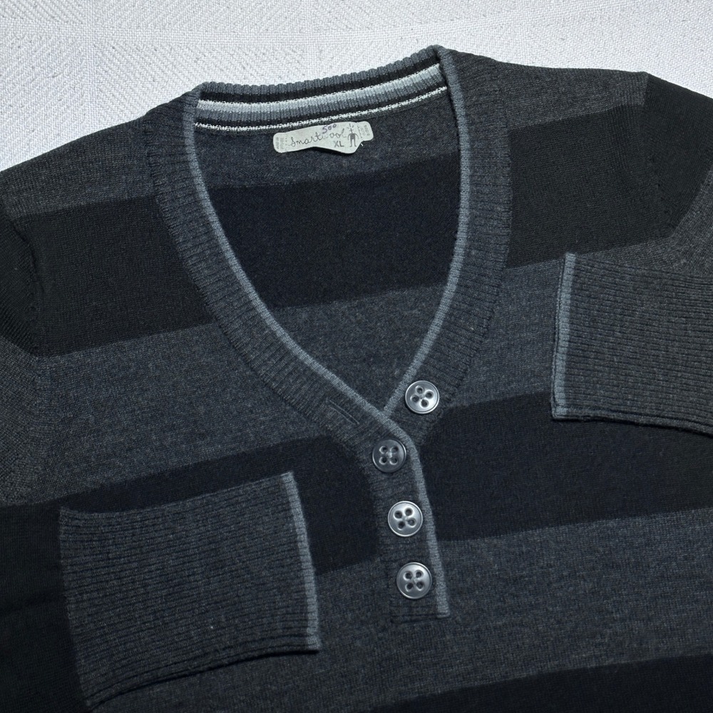 Smartwool Sweater Women XL Henley V-Neck Striped Merino Wool Charcoal Black